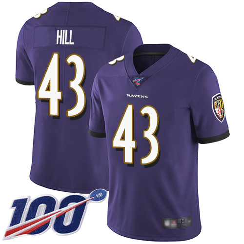 Baltimore Ravens Limited Purple Men Justice Hill Home Jersey NFL Football #43 100th Season Vapor Untouchable->women nfl jersey->Women Jersey
